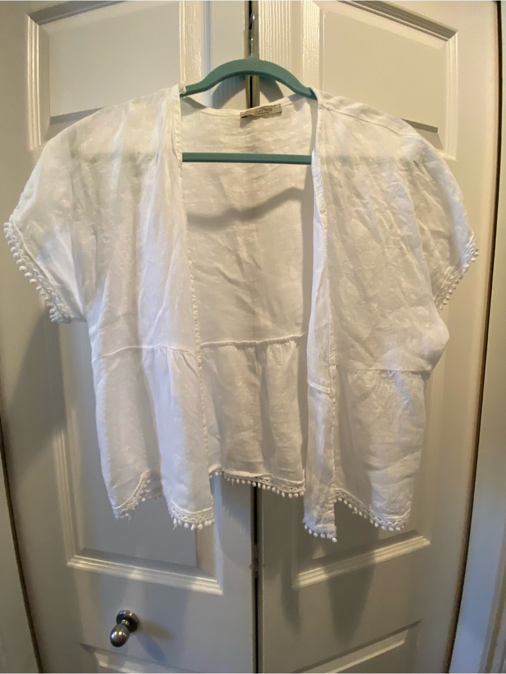 White Short Sleeve Linen  Open Front Boho Kimono with Pom Trim